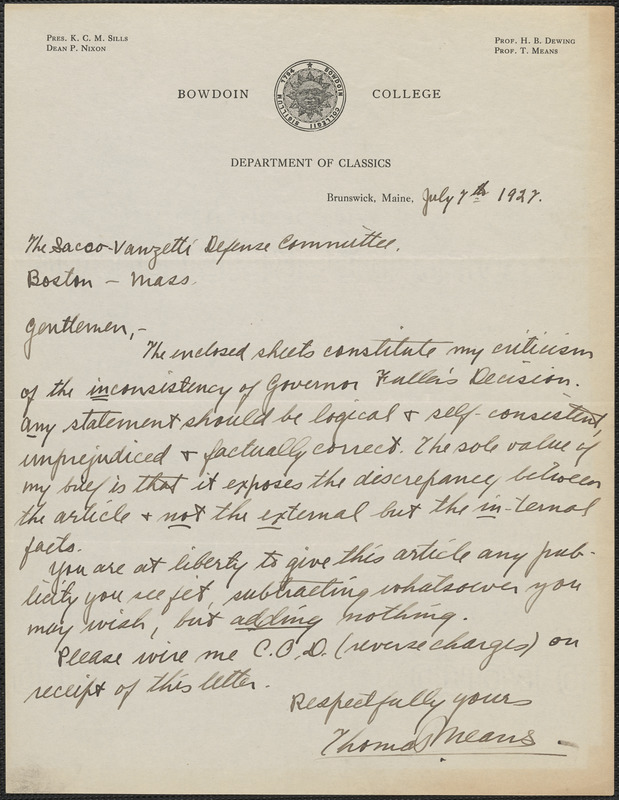 Thomas Means autograph letter signed to Sacco-Vanzetti Defense Committee, Brunswick, Me., July 7, 1927