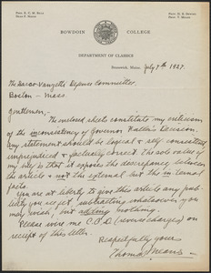 Thomas Means autograph letter signed to Sacco-Vanzetti Defense Committee, Brunswick, Me., July 7, 1927