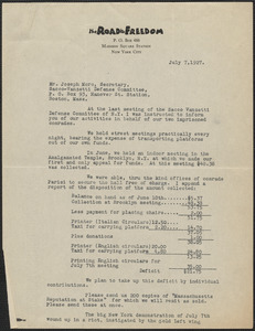 Sadie L. Robinson (International Sacco-Vanzetti Defense Committee) typed letter signed to Joseph Moro, New York, N.Y., July 7, 1927