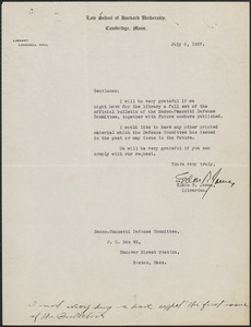 Eldon R. James typed note signed to Sacco-Vanzetti Defense Committee, Cambridge, Mass., July 8, 1927