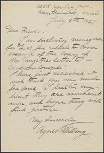 Agnes Walberg autograph note signed to Sacco-Vanzetti Defense Committee, Hamtramck, Mich., July 8, 1927