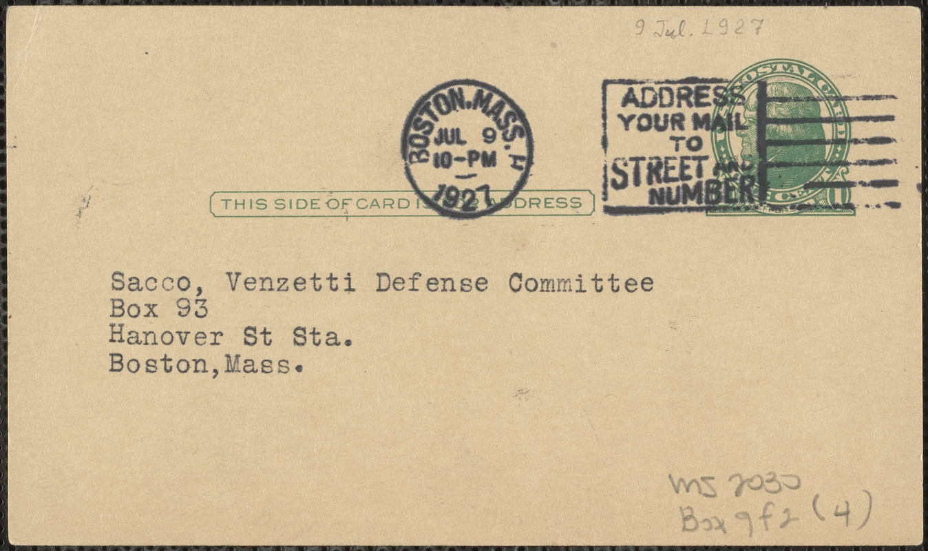 Boston Publishing Company printed postcard to Sacco-Vanzetti Defense Committee, Boston, Mass., July 9, 1927