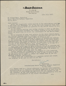 Sadie L. Robinson (International Sacco-Defense Committee of New York) typed letter signed to Joseph Moro, New York, N.Y., July 10, 1927