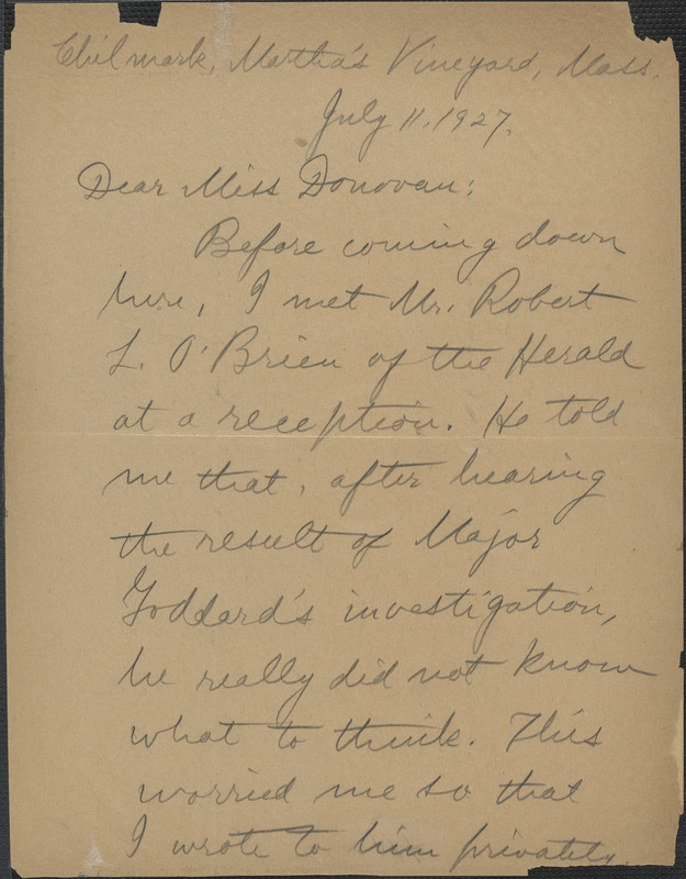 Alice Stone Blackwell autograph letter signed to Mary Donovan, Chillmark, Mass., July 11, 1927