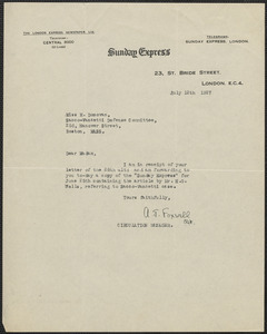 A. J. Foxwell (Sunday Express) typed note signed to Mary Donovan, London, Eng., July 12, 1927