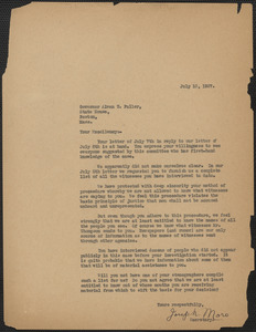 Joseph Moro (Sacco-Vanzetti Defense Committee) typed letter signed (copy) to Alvan T. Fuller, Boston, Mass., July 13, 1927