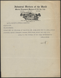 John J. Walsh (Marine Transport Workers Local Union No. 510) typed note signed to Sacco-Vanzetti Defense Committee, New York, N.Y., July 13, 1927