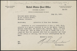Arthur C. Lueder typed note signed to Rose Karsner (International Labor Defense), Chicago, Ill., July 13, 1927