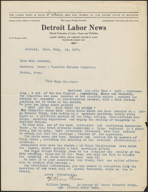 William Reese (Detroit Labor News) typed letter signed to Mary Donovan, Detroit, Mich., July 14, 1927