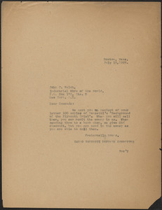 Sacco-Vanzetti Defense Committee typed note (copy) to John J. Welsh, Boston, Mass., July 15, 1927
