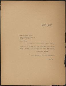 Sacco-Vanzetti Defense Committee typed note (copy) to Whitehead & Vogel, Boston, Mass., July 15, 1927