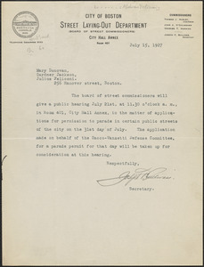 Joseph F. Sullivan (Street Laying-Out Department, City of Boston) typed letter signed to Mary Donovan, Boston, Mass., July 15, 1927