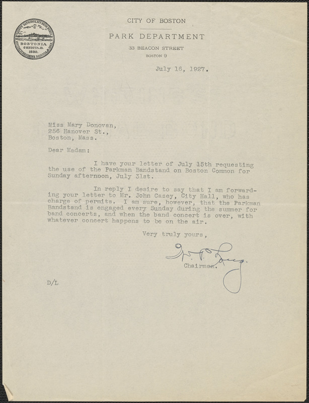 W. P. Long (Park Department, City of Boston) typed letter signed to Mary Donovan, Boston, Mass., July 16, 1927