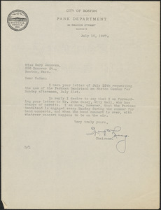 W. P. Long (Park Department, City of Boston) typed letter signed to Mary Donovan, Boston, Mass., July 16, 1927