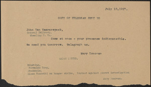 Mary Donovan telegram (copy) to John Van Vaerenewyck, Boston, Mass., July 18, 1927