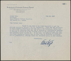 Albert F. Coyle (Brotherhood of Locomotive Engineers Journal) typed note signed to Joseph Moro, Cleveland, Ohio, July 20, 1927