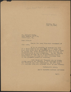 Joseph Moro (Sacco-Vanzetti Defense Committee) typed letter (copy) to Leonard Craig (Sacco-Vanzetti Defense Committee of Western Pennsylvania), Boston, Mass., July 20, 1927
