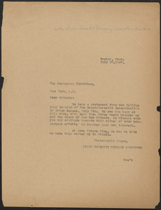 Sacco-Vanzetti Defense Committee typed note (copy) to Sacco-Vanzetti Emergency Committee, Boston, Mass., July 20, 1927