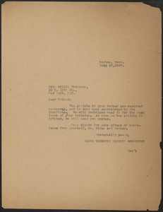 Sacco-Vanzetti Defense Committee typed note to Ruth Willis Thompson, Boston, Mass., July 20, 1927