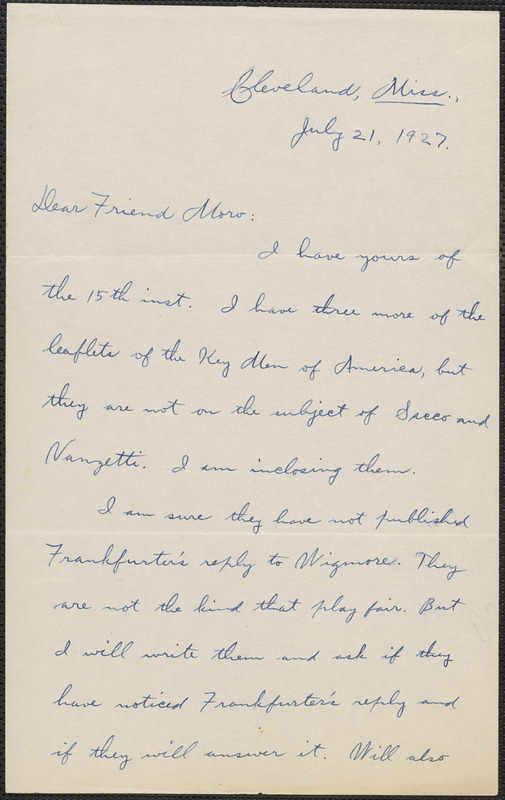 Frederic W. Raper autograph letter signed to Joseph Moro, Cleveland ...