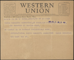 Sadie L. Robinson (International Sacco-Vanzetti Committee) telegram to Sacco-Vanzetti Defense Committee, Brooklyn, N.Y., July 21, 1927