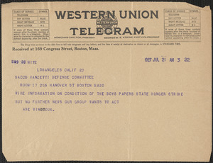 Abe Winocour telegram to Sacco-Vanzetti Defense Committee, Los Angeles, Calif., July 21, 1927