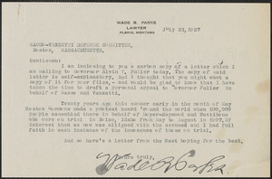 Wade R. Parks typed letter signed to Sacco-Vanzetti Defense Committee, Plains, Mont., July 23, 1927