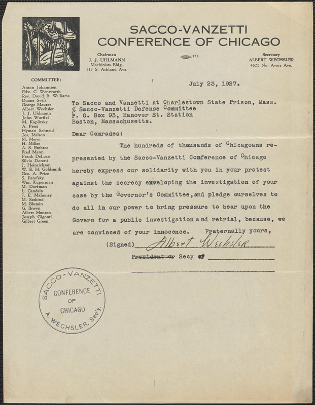 Albert Wechsler (Sacco-Vanzetti Defense Conference of Chicago) typed letter signed to Sacco-Vanzetti Defense Committee, Chicago, Ill., July 23, 1927