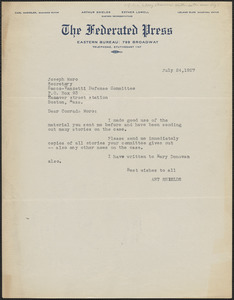 Art Shields (The Federated Press) typed note to Joseph Moro (Sacco-Vanzetti Defense Committee), New York, N.Y., July 24, 1927