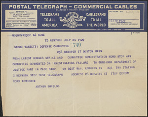 Art Shields telegram to Sacco-Vanzetti Defense Committee, New York, N.Y., July 24, 1927