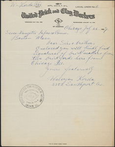 Waleyan Korda (United Brick and Clay Workers Local Union No. 6.) autograph note signed to Sacco-Vanzetti Defense Committee, Chicago, Ill., July 26, 1927