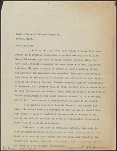 Margaret Shipman typed letter signed to Sacco-Vanzetti Defense Committee, Lee, Mass., July 26, 1927