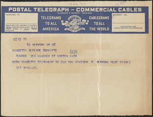Art Shields telegram to Sacco-Vanzetti Defense Committee, New York, N.Y., July 28, 1927