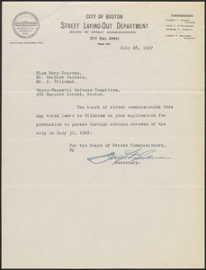 Joseph F. Sullivan (Street Laying-Out Department. City of Boston) typed note signed to Mary Donovan, Gardner Jackson, A. Felicani, Boston, Mass., July 28, 1927