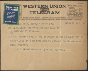 W. S. Van Valkenburgh telegram to Joseph Moro, New York, N.Y., July 28, 1927