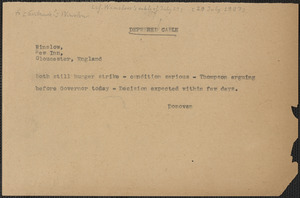 Mary Donovan telegram (copy) to [Gertrude] Winslow, Boston, Mass., [July 29, 1927]