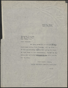 Sacco-Vanzetti Defense Committee typed note (copy) to Leonardo Frisina (Sacco-Vanzetti Liberation Committee), Boston, Mass., July 29, 1927