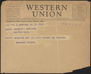 Workers School telegram to Sacco-Vanzetti Defense Committee, New York, N.Y., July 29, 1927