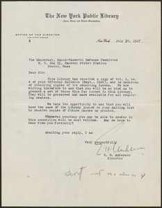 Edwin H. Anderson (The New York Public Library) typed letter signed to Sacco-Vanzetti Defense Committee, New York, N.Y., July 30, 1927