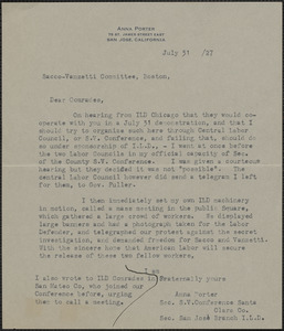 Anna Porter typed letter signed to Sacco-Vanzetti Defense Committee, San Jose, Calif., July 31, 1927