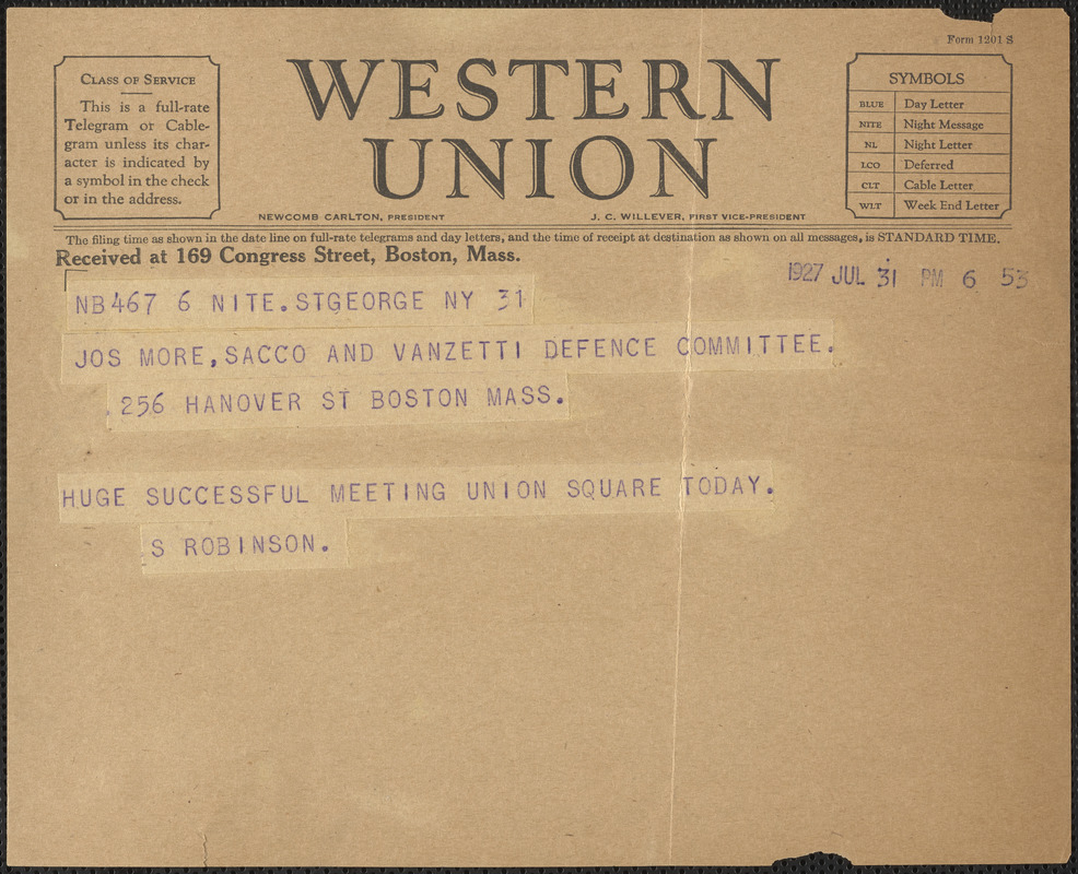 Sadie L. Robinson (International Sacco-Vanzetti Defense) telegram to Sacco-Vanzetti Defense Committee, New York, N.Y., July 31, 1927