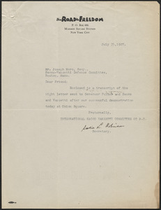 Sadie L. Robinson (International Sacco-Vanzetti Defense Committee) typed note signed to Joseph Moro, New York, N.Y., July 31, 1927