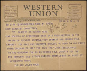Julio Rolo telegram to Sacco-Vanzetti Defense Committee, New Bedford, Mass., July 31, 1927
