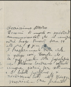 Alfonso Silvestri autograph letter signed, in Italian, to Joseph Moro, New Britain, Conn., [August? 1927]