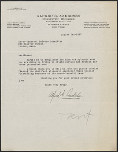 Alfred E. Anderson typed note signed to Sacco-Vanzetti Defense Conference, New York, N.Y., 1 August 1927