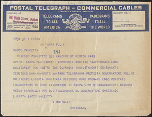 Alfonso Coniglio telegram, in Italian, to Sacco-Vanzetti Defense Committee, Tampa, Fla., August 1, 1927