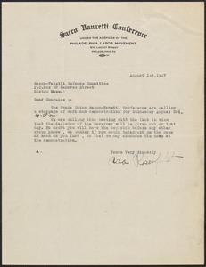 Ada Rosenfelt (Sacco Vanzetti Conference of Philadelphia) typed note signed to Sacco-Vanzetti Defense Committee, Philadelphia, Pa., August 1, 1927