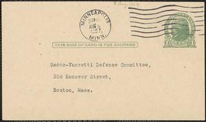Frank K. Walter (University of Minnesota, The University Library) printed postcard to Sacco-Vanzetti Defense Committee, Minneapolis, Minn., August 3, 1927