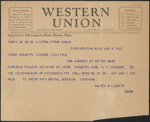 Walter W. Liggett telegram to Sacco-Vanzetti Defense Committee, Provincetown, Mass., August 4, 1927