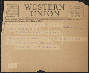 Dominic Palombi telegram to Sacco-Vanzetti Defense Committee, Cleveland, Ohio, August 4, 1927
